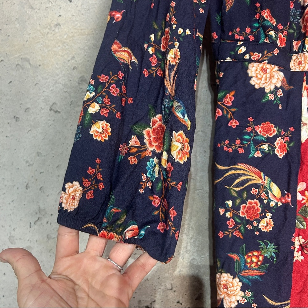 Farm Rio, Graciea navy Rust red floral wrapped dress petite small - Picture 8 of 10